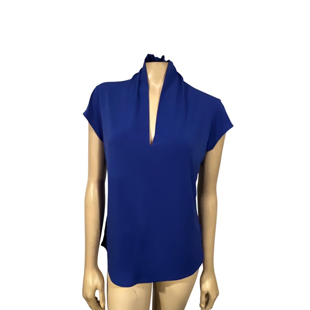 Grace Royal Blue Cap Sleeve Shawl Collar V-Neck Blouse Preppy Elevated Chic L